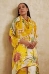 Rainas_Yellow Cupro Satin Printed Sunflower Band Collar Kurta Pant Set _Online_at_Aza_Fashions