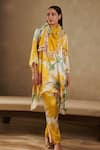 Buy_Rainas_Yellow Cupro Satin Printed Sunflower Band Collar Kurta Pant Set 