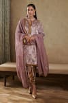 Buy_Rainas_Pink Velvet Printed Abstract Band Collar Kurta And Dhoti Pant Set _at_Aza_Fashions