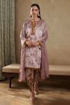 Shop_Rainas_Pink Velvet Printed Abstract Band Collar Kurta And Dhoti Pant Set _at_Aza_Fashions