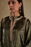 Rainas_Green Velvet Printed Chevron Band Collar Scallop Hem Kurta With Dhoti Pant _Online_at_Aza_Fashions