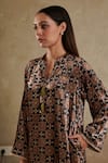 Rainas_Black Velvet Printed Floral Band Collar Asymmetric Kurta With Pant _Online_at_Aza_Fashions