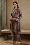 Buy_Rainas_Black Velvet Printed Floral Band Collar Asymmetric Kurta With Pant 