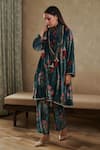 Buy_Rainas_Blue Velvet Printed Blossom Band Collar Kurta Pant Set _at_Aza_Fashions