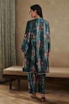 Shop_Rainas_Blue Velvet Printed Blossom Band Collar Kurta Pant Set _at_Aza_Fashions