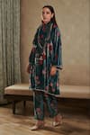 Shop_Rainas_Blue Velvet Printed Blossom Band Collar Kurta Pant Set _Online_at_Aza_Fashions