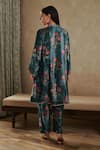 Shop_Rainas_Blue Velvet Printed Blossom Band Collar Kurta Pant Set _at_Aza_Fashions