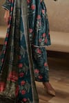 Buy_Rainas_Blue Velvet Printed Blossom Band Collar Kurta Pant Set _Online_at_Aza_Fashions