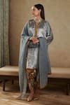 Buy_Rainas_Grey Velvet Printed Abstract Band Collar Tassel Detailed Kurta Dhoti Pant Set _at_Aza_Fashions