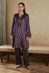 Buy_Rainas_Brown Velvet Printed Abstract Band Collar Kurta And Pant Set _at_Aza_Fashions