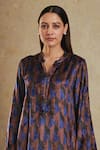 Buy_Rainas_Brown Velvet Printed Abstract Band Collar Kurta And Pant Set _Online_at_Aza_Fashions