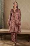 Buy_Rainas_Red Velvet Printed Floral Band Collar Kurta Pant Co-ord Set _at_Aza_Fashions