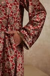 Rainas_Red Velvet Printed Floral Band Collar Kurta Pant Co-ord Set _Online_at_Aza_Fashions