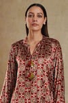 Shop_Rainas_Red Velvet Printed Floral Band Collar Kurta Pant Co-ord Set _Online_at_Aza_Fashions