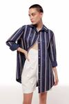 Buy_Sameer Madan_Blue Cotton Embellished Leather Lines Collar Arrow Martini Stripped Shirt _at_Aza_Fashions