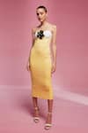 Buy_Sameer Madan_Yellow Patent Leather Hand Embroidery Flower French Gimlet Bodycon Dress _at_Aza_Fashions