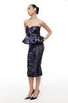 Sameer Madan_Blue Dutch Satin Strapless Ink Cocktail Peplum Ruched Dress _Online_at_Aza_Fashions