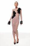 Buy_Sameer Madan_Peach Soft Net Hand Embroidery Lace La Louisiane Sequin Ruched Bodycon Dress _at_Aza_Fashions