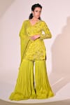 Buy_BAANI KHURANA_Green Chiffon Embroidered Applique Cut-out V Floral Vine Kurta Sharara Set _at_Aza_Fashions