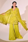 BAANI KHURANA_Green Chiffon Embroidered Applique Cut-out V Floral Vine Kurta Sharara Set _Online_at_Aza_Fashions