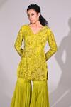 Buy_BAANI KHURANA_Green Chiffon Embroidered Applique Cut-out V Floral Vine Kurta Sharara Set _Online_at_Aza_Fashions