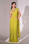 Buy_BAANI KHURANA_Green Satin Embroidered Applique Floral Embellished Corset Pre-draped Saree Set _at_Aza_Fashions