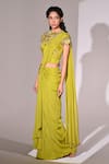 Buy_BAANI KHURANA_Green Satin Embroidered Applique Floral Embellished Corset Pre-draped Saree Set _Online_at_Aza_Fashions