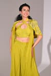 BAANI KHURANA_Green Satin Embellished Sequin Cape Open Geometric Layered Sharara Set _at_Aza_Fashions