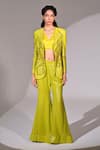 BAANI KHURANA_Green Self Georgette Embellished Sequin Jacket Floral Bell Bottom Pant Set _Online_at_Aza_Fashions