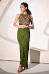 Buy_BAANI KHURANA_Green Crepe Organza Embellished Sequin Cape Open Bead Slit Skirt Set 