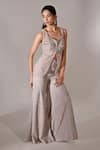 Buy_BAANI KHURANA_Peach Net Shimmer Lycra Embellished Sequin Sweetheart Slit Kurta With Sharara 