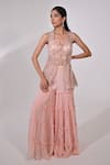 BAANI KHURANA_Peach Chiffon Embellished Sequin Sweetheart Floral Slit Kurta Sharara Set _at_Aza_Fashions