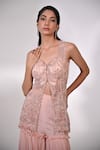 Buy_BAANI KHURANA_Peach Chiffon Embellished Sequin Sweetheart Floral Slit Kurta Sharara Set 