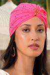 Buy_Hair Drama Co_Pink Floral Schiffli Shell Brooch Embellished Turban _at_Aza_Fashions