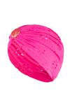 Hair Drama Co_Pink Floral Schiffli Shell Brooch Embellished Turban _Online_at_Aza_Fashions