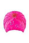 Hair Drama Co_Pink Floral Schiffli Shell Brooch Embellished Turban _at_Aza_Fashions