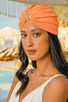 Buy_Hair Drama Co_Orange Floral Schiffli Starfish Brooch Embellished Turban _at_Aza_Fashions