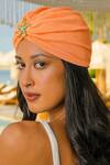 Shop_Hair Drama Co_Orange Floral Schiffli Starfish Brooch Embellished Turban _at_Aza_Fashions