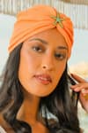 Shop_Hair Drama Co_Orange Floral Schiffli Starfish Brooch Embellished Turban _Online_at_Aza_Fashions