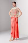 Anamika Khanna_Coral Embroidery Tassel Cape Closed Neck And Draped Skirt Set _Online_at_Aza_Fashions