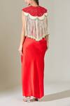 Shop_Anamika Khanna_Red Cotton Tassels Round Neck Embroidered Cape And Draped Skirt Set _at_Aza_Fashions