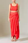 Buy_Anamika Khanna_Red Cotton Tassels Round Neck Embroidered Cape And Draped Skirt Set _Online_at_Aza_Fashions