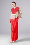 Anamika Khanna_Red Cotton Tassels Round Neck Embroidered Cape And Draped Skirt Set _Online_at_Aza_Fashions