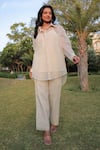 MEHER BY ISLIE_Beige Chanderi Woven Bead  Sheer Delight High-low With Pant _Online_at_Aza_Fashions