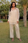 Buy_MEHER BY ISLIE_Beige Chanderi Woven Bead  Sheer Delight High-low With Pant _at_Aza_Fashions