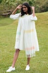 Buy_MANTRA_Ivory Kerala Handloom Embroidery Stripe Round Tiered Dress With Stole _at_Aza_Fashions