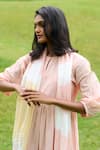 MANTRA_Peach Kerala Handloom Embroidery Stripe Round Tiered Dress With Tassel Stole _Online_at_Aza_Fashions