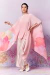 Buy_Moh India_Pink Poly Satin Print Strawberry Field Closed Meadow Asymmetric Cape _at_Aza_Fashions