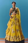 Buy_Pooja Rajgarhia Gupta_Yellow Crepe Hand Embroidered Sequin Halter Sunset Pixel Floral Lehenga Set _at_Aza_Fashions