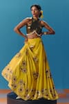 Buy_Pooja Rajgarhia Gupta_Yellow Crepe Hand Embroidered Sequin Halter Sunset Pixel Floral Lehenga Set _Online_at_Aza_Fashions